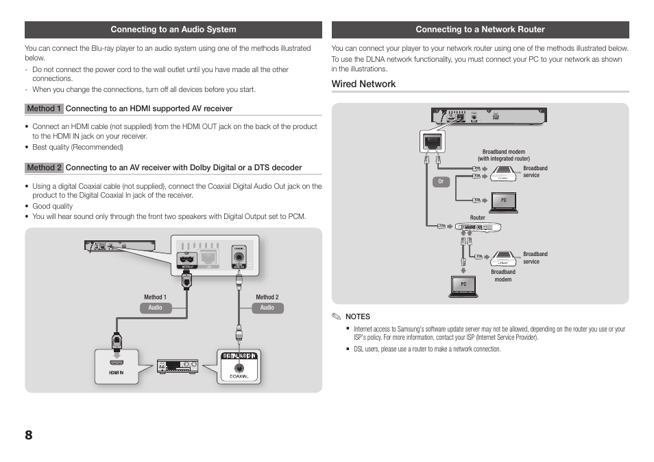 Connecting to an audio system, Connecting to a network router | Samsung BD-F5700-ZA User Manual | Page 8 / 24