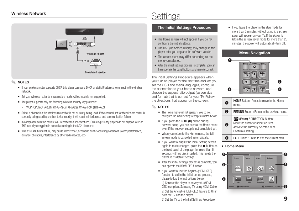 Settings, The initial settings procedure, Menu navigation | Wireless network | Samsung BD-F5700-ZA User Manual | Page 9 / 24