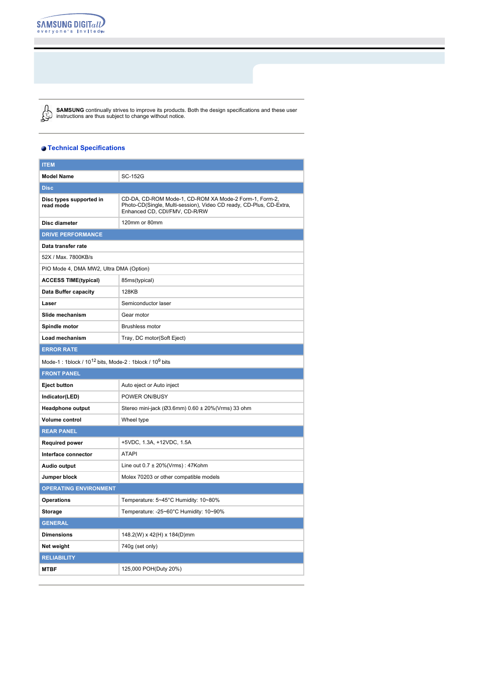 Specifications | Samsung SC-152GEBS User Manual | Page 15 / 15