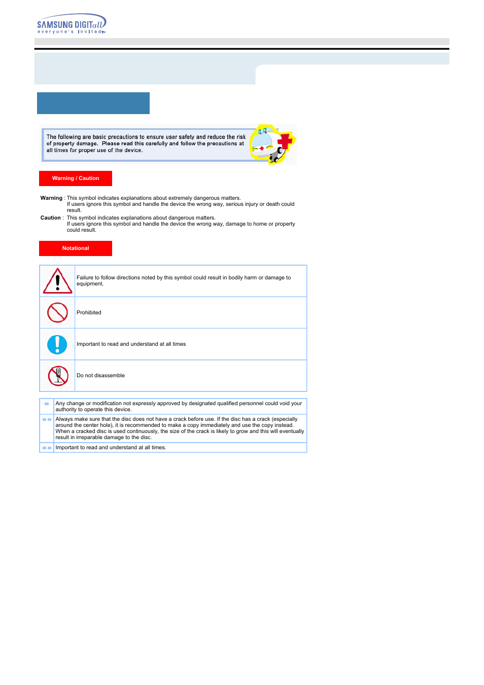 Safety precautions, Notational | Samsung SC-152GEBS User Manual | Page 2 / 15