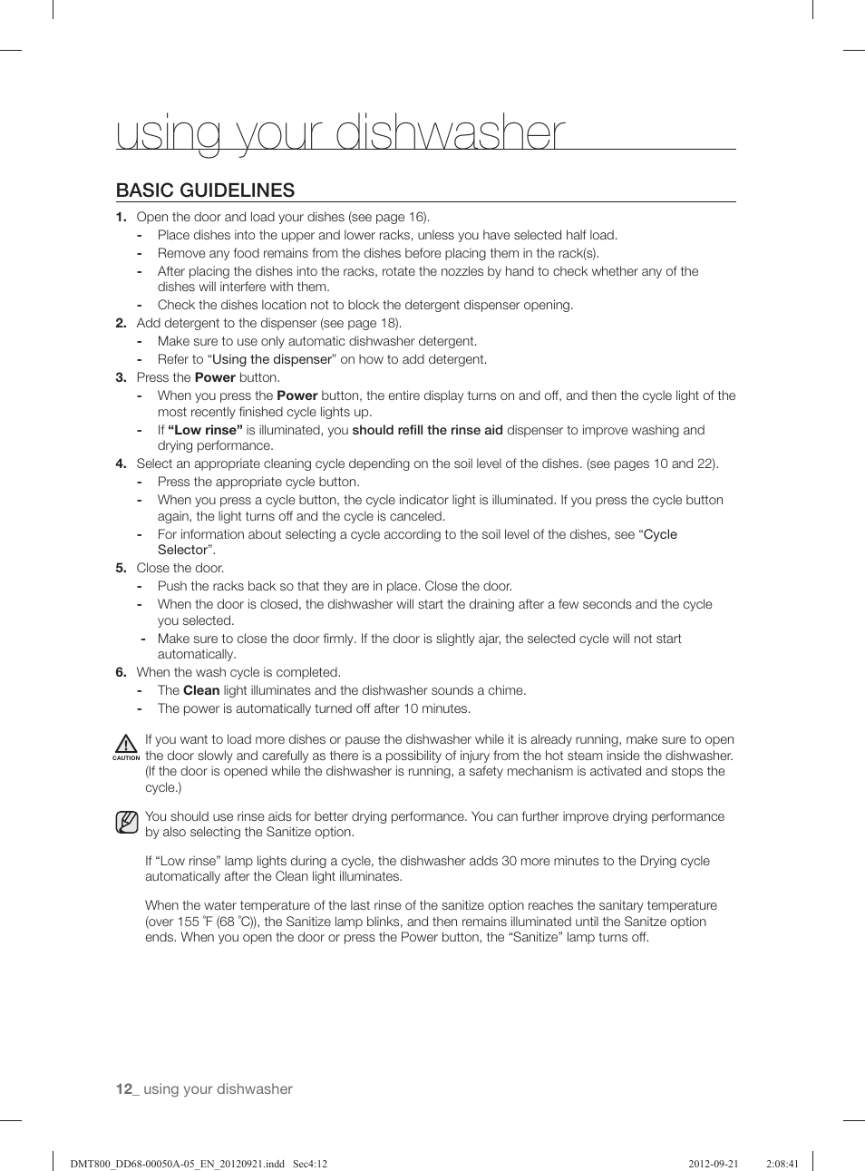 Using your dishwasher, Basic guidelines | Samsung DMT800RHB-XAA User Manual | Page 12 / 96