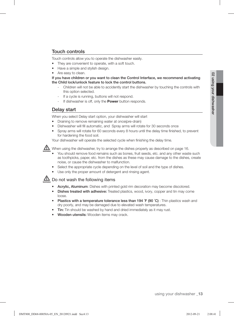Touch controls, Delay start, Do not wash the following items | Samsung DMT800RHB-XAA User Manual | Page 13 / 96