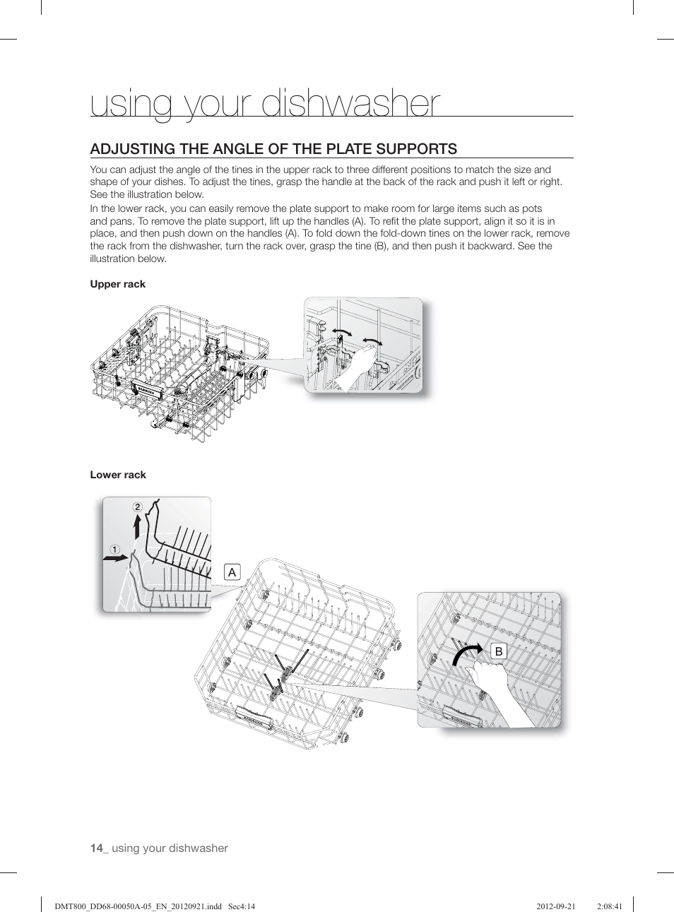 Using your dishwasher, Adjusting the angle of the plate supports | Samsung DMT800RHB-XAA User Manual | Page 14 / 96