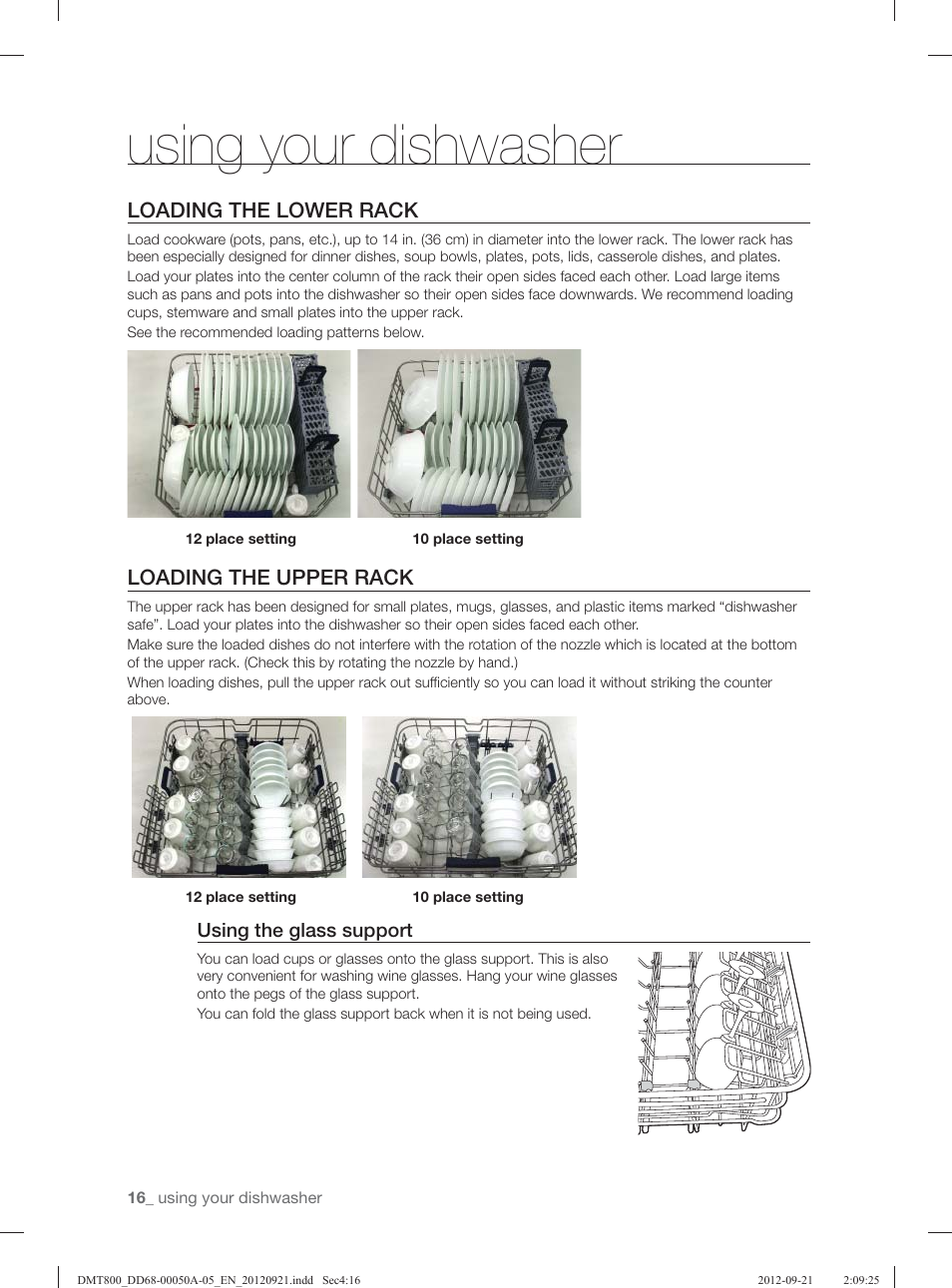Using your dishwasher, Loading the lower rack, Loading the upper rack | Samsung DMT800RHB-XAA User Manual | Page 16 / 96