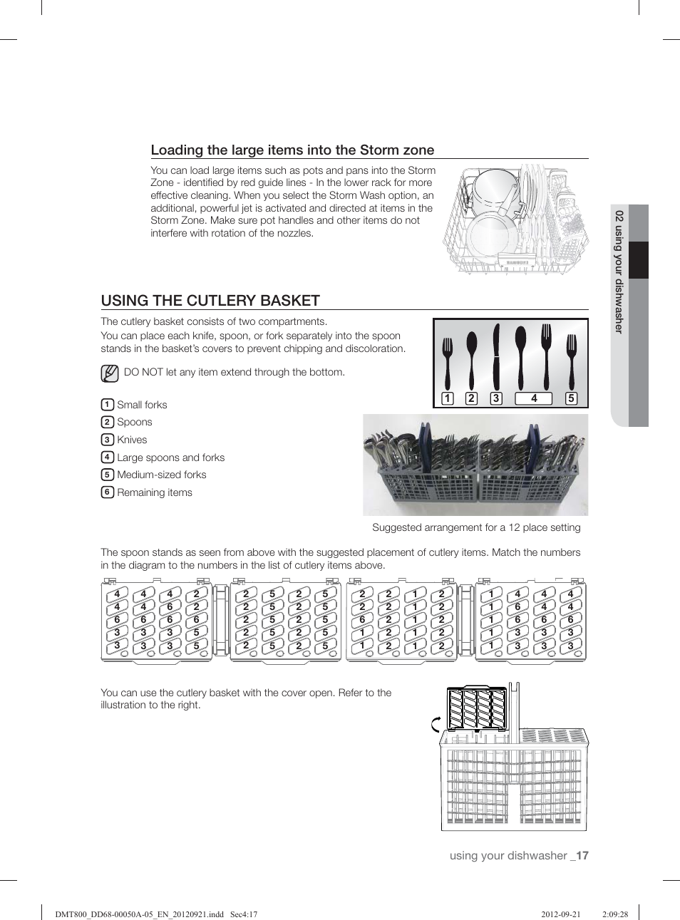 Using the cutlery basket, Loading the large items into the storm zone | Samsung DMT800RHB-XAA User Manual | Page 17 / 96
