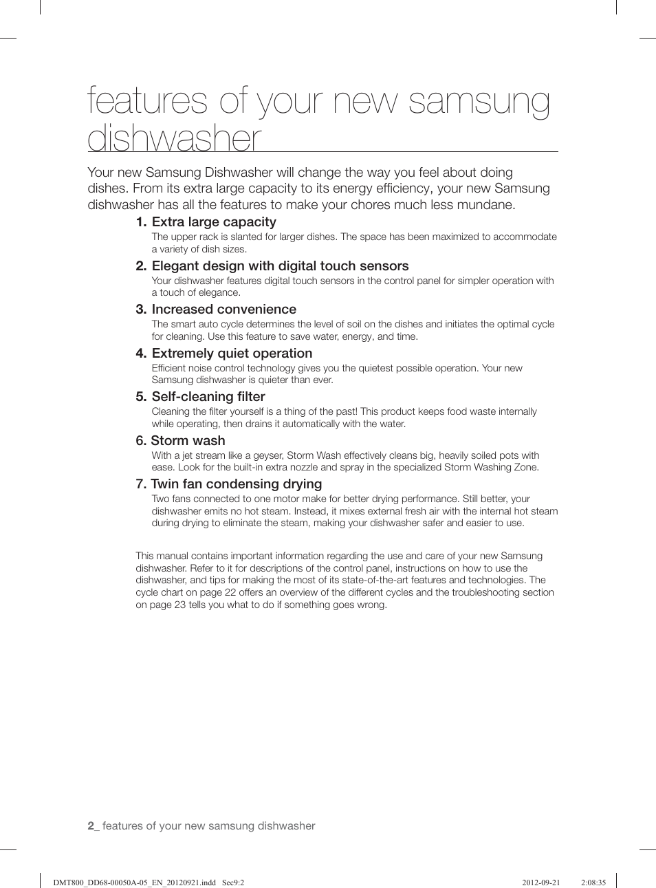 Features of your new samsung dishwasher | Samsung DMT800RHB-XAA User Manual | Page 2 / 96