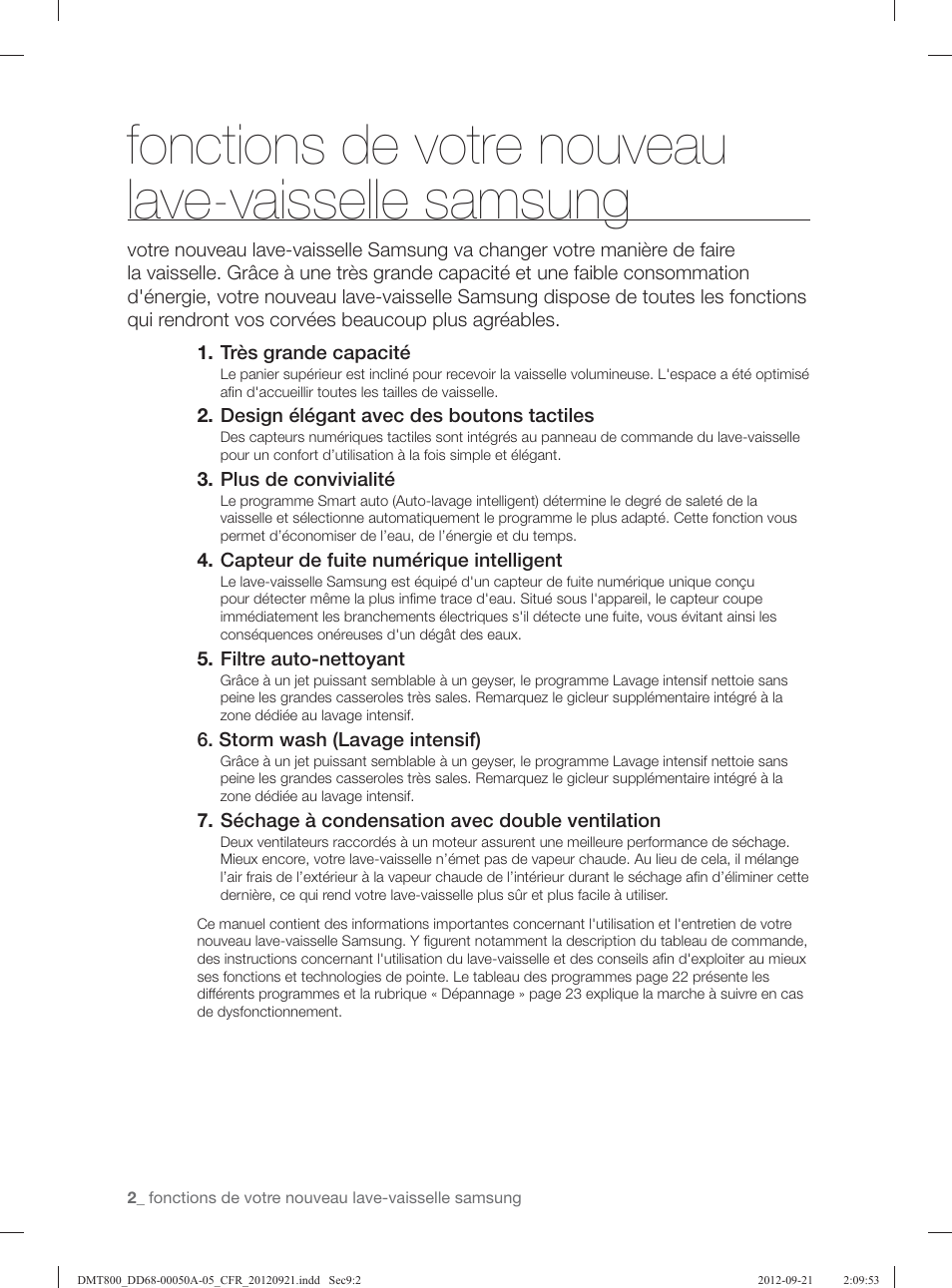 Fonctions de votre nouveau lave-vaisselle samsung | Samsung DMT800RHB-XAA User Manual | Page 34 / 96