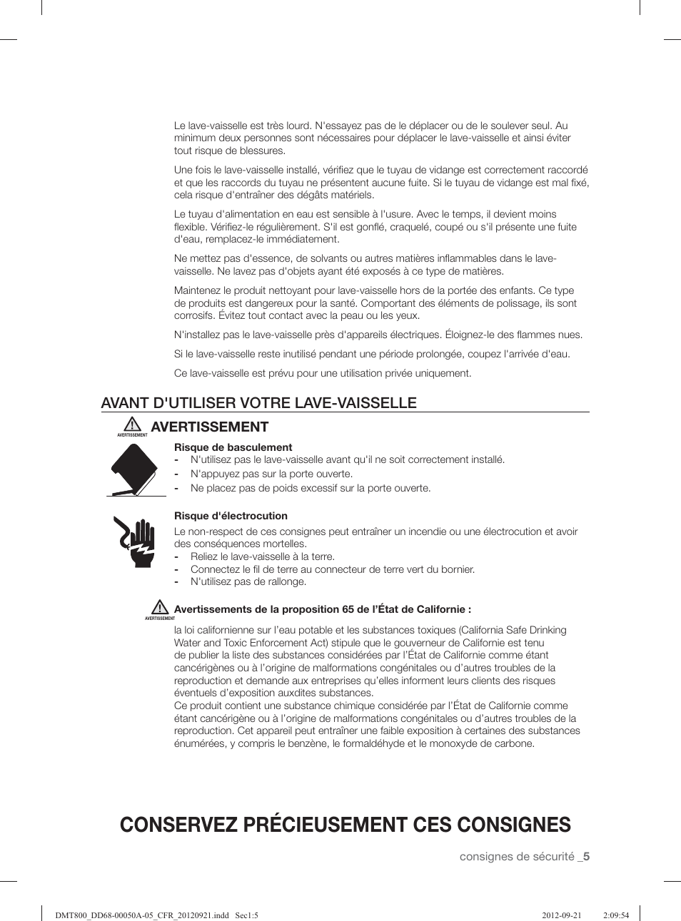 Conservez précieusement ces consignes, Avant d'utiliser votre lave-vaisselle, Avertissement | Samsung DMT800RHB-XAA User Manual | Page 37 / 96