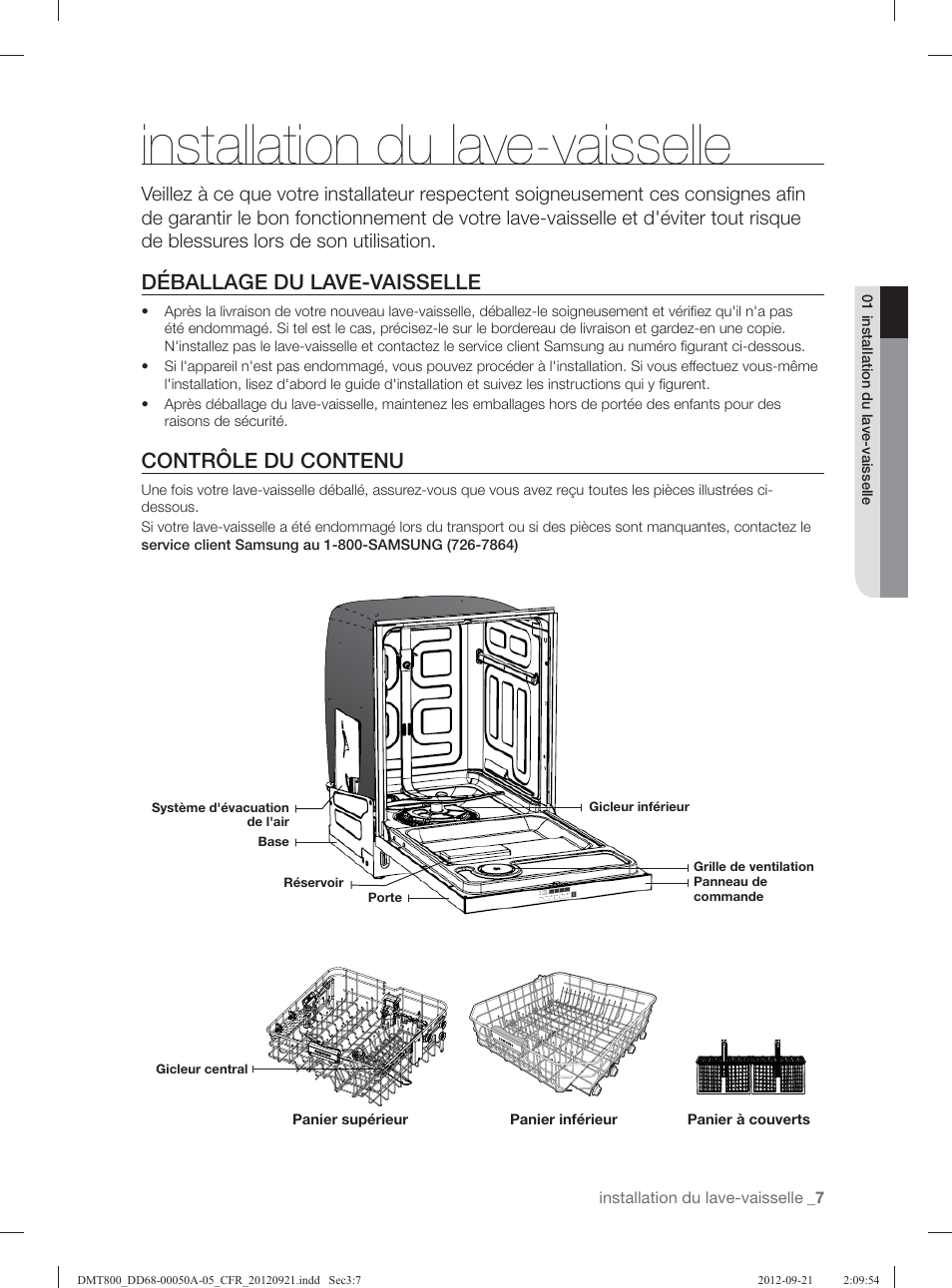 Installation du lave-vaisselle, Déballage du lave-vaisselle, Contrôle du contenu | Samsung DMT800RHB-XAA User Manual | Page 39 / 96