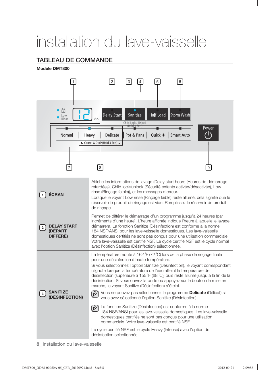 Installation du lave-vaisselle, Tableau de commande | Samsung DMT800RHB-XAA User Manual | Page 40 / 96