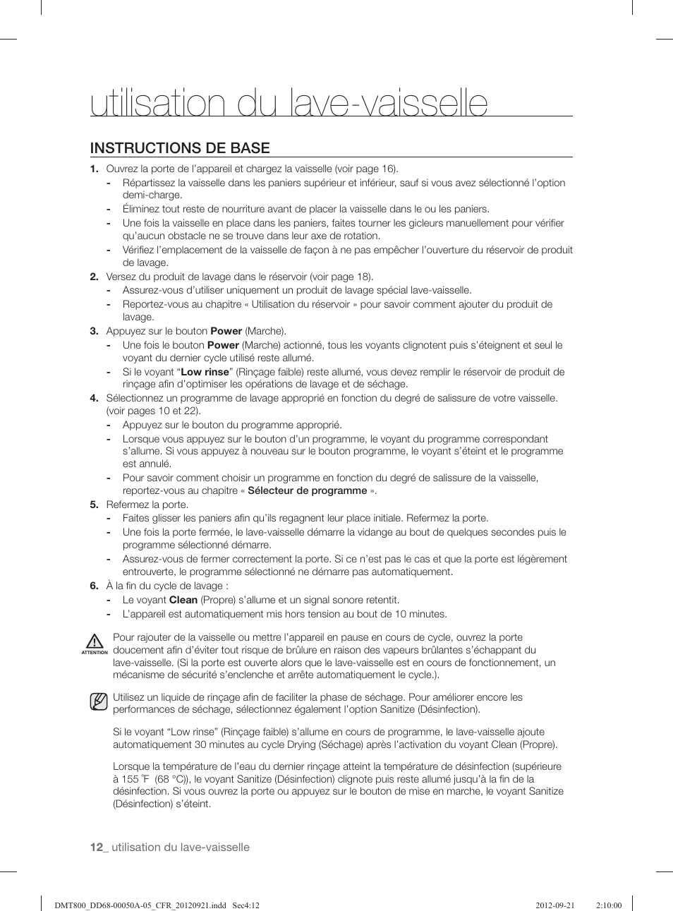 Utilisation du lave-vaisselle, Instructions de base | Samsung DMT800RHB-XAA User Manual | Page 44 / 96