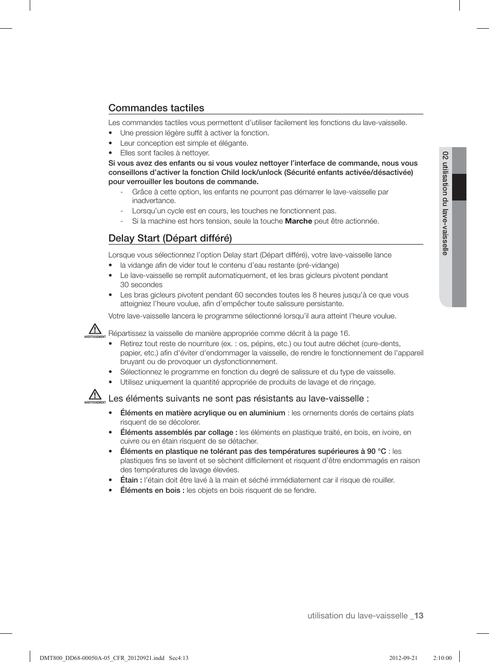 Commandes tactiles, Delay start (départ différé) | Samsung DMT800RHB-XAA User Manual | Page 45 / 96