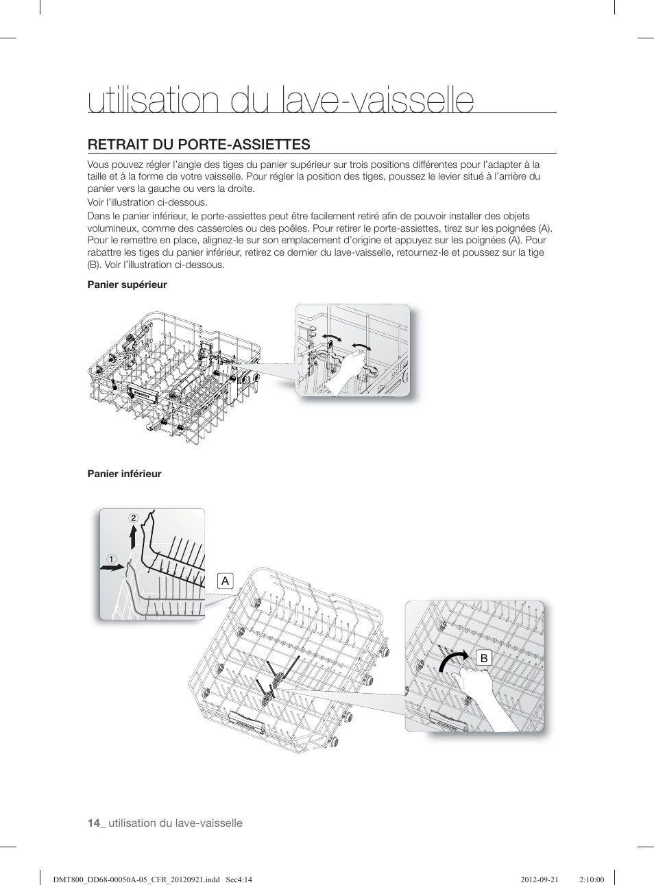 Utilisation du lave-vaisselle, Retrait du porte-assiettes | Samsung DMT800RHB-XAA User Manual | Page 46 / 96