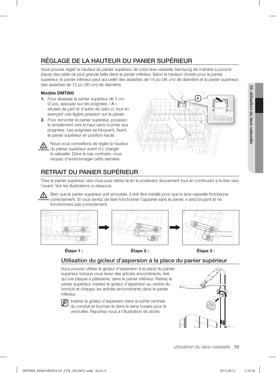 Réglage de la hauteur du panier supérieur, Retrait du panier supérieur | Samsung DMT800RHB-XAA User Manual | Page 47 / 96