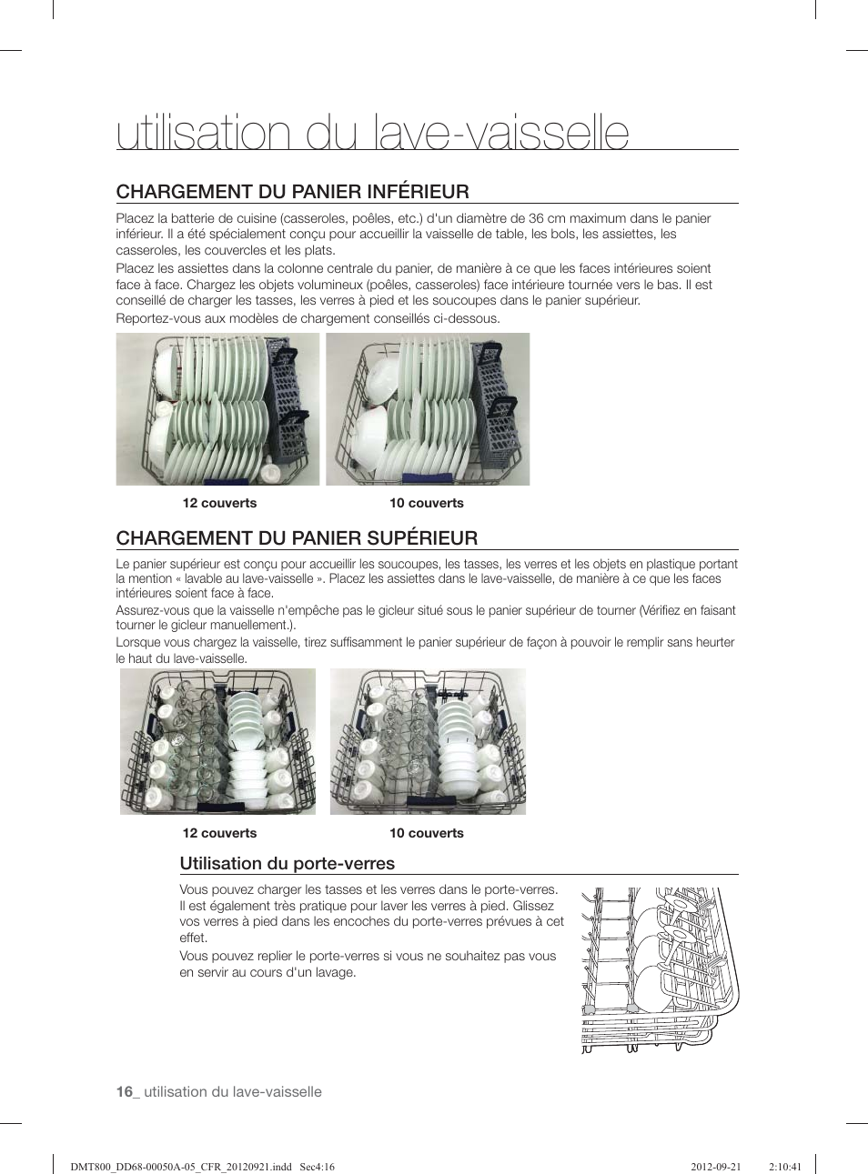 Utilisation du lave-vaisselle, Chargement du panier inférieur, Chargement du panier supérieur | Samsung DMT800RHB-XAA User Manual | Page 48 / 96