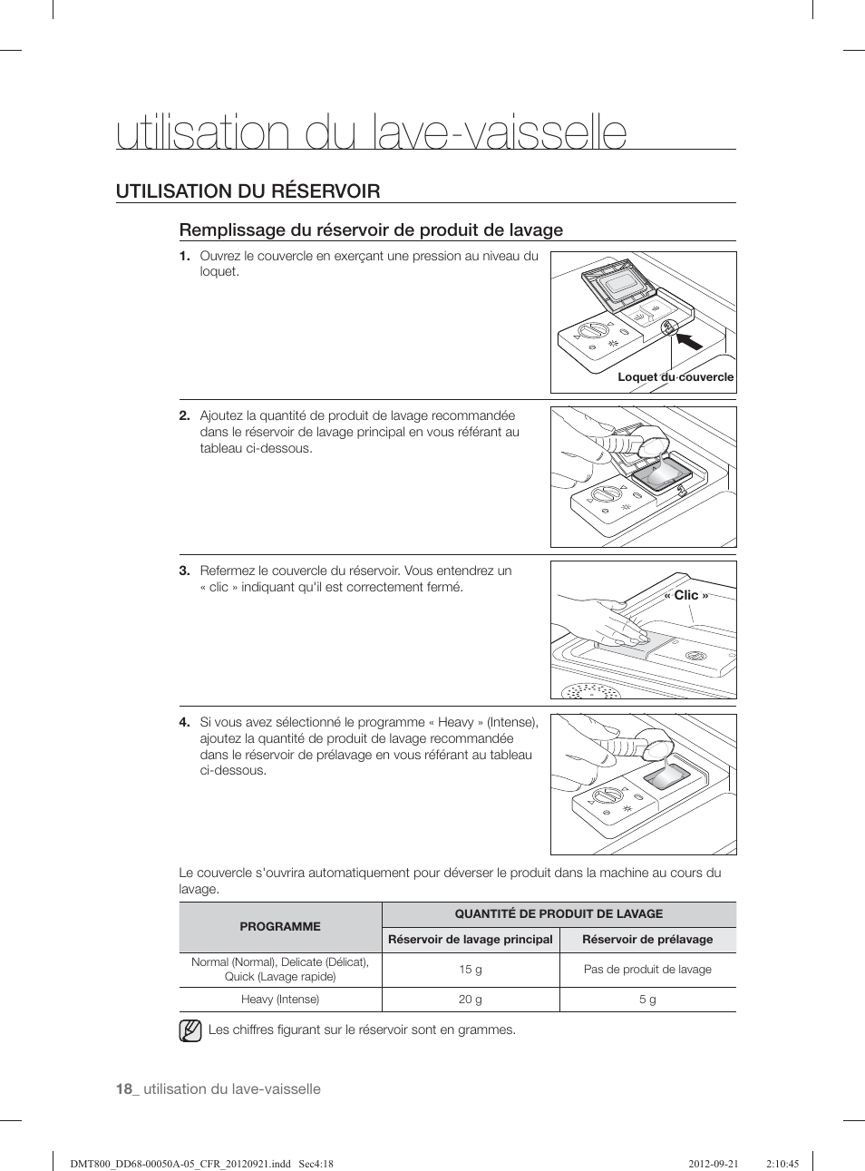 Utilisation du lave-vaisselle, Utilisation du réservoir, Remplissage du réservoir de produit de lavage | Samsung DMT800RHB-XAA User Manual | Page 50 / 96