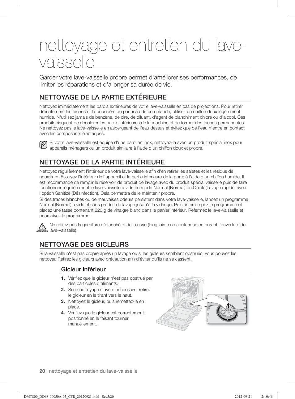 Nettoyage et entretien du lave- vaisselle, Nettoyage de la partie extérieure, Nettoyage de la partie intérieure | Nettoyage des gicleurs | Samsung DMT800RHB-XAA User Manual | Page 52 / 96