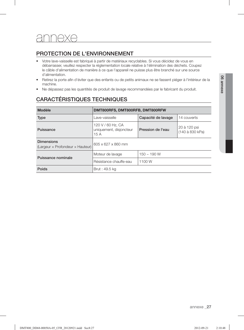 Annexe, Protection de l'environnement, Caractéristiques techniques | Samsung DMT800RHB-XAA User Manual | Page 59 / 96
