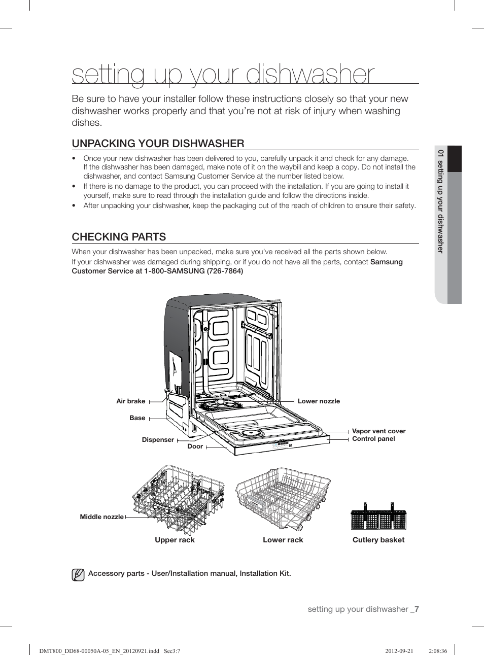 Setting up your dishwasher, Unpacking your dishwasher, Checking parts | Samsung DMT800RHB-XAA User Manual | Page 7 / 96