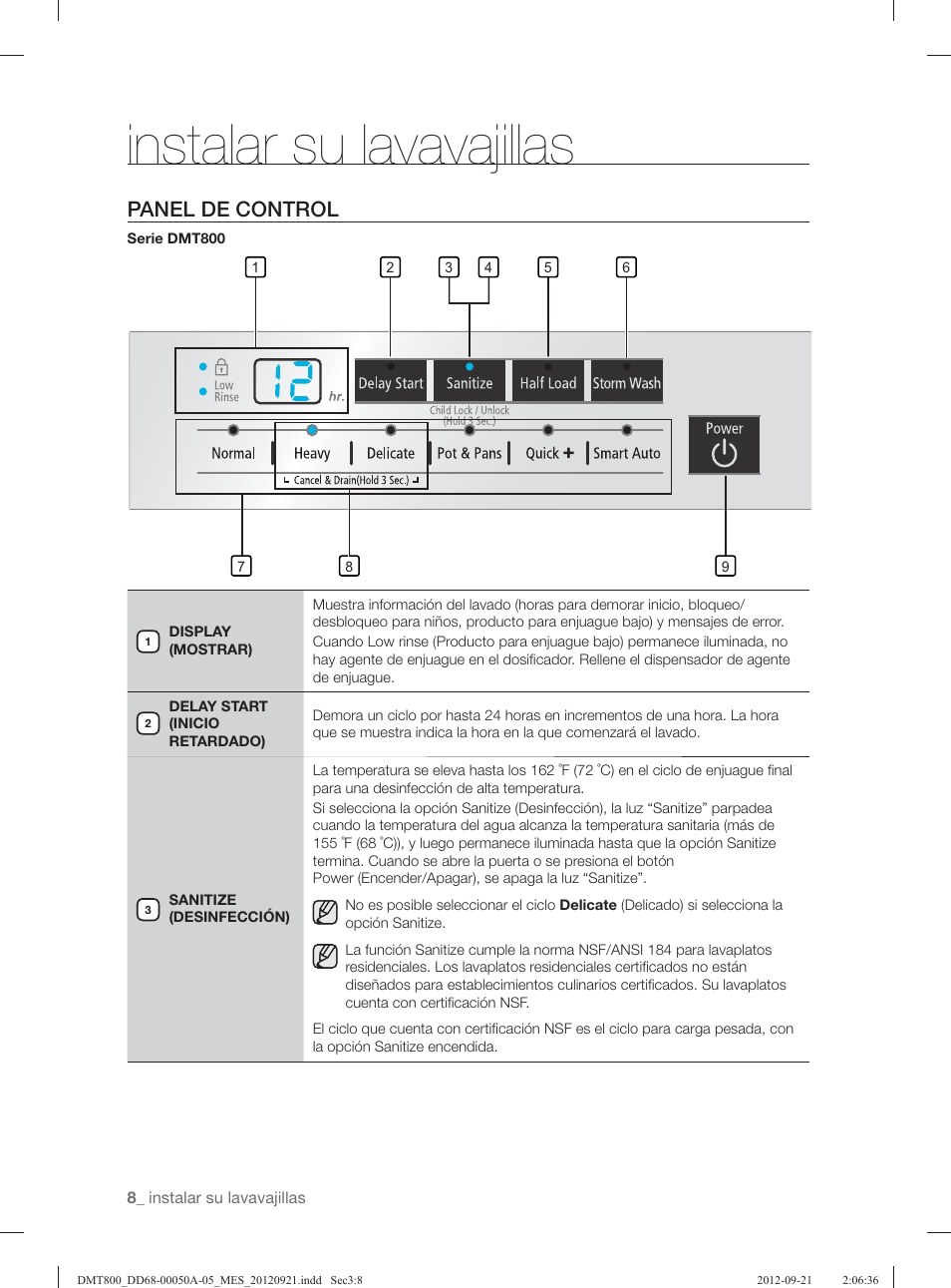 Instalar su lavavajillas, Panel de control | Samsung DMT800RHB-XAA User Manual | Page 72 / 96