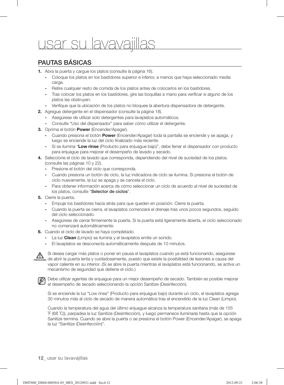 Usar su lavavajillas, Pautas básicas | Samsung DMT800RHB-XAA User Manual | Page 76 / 96