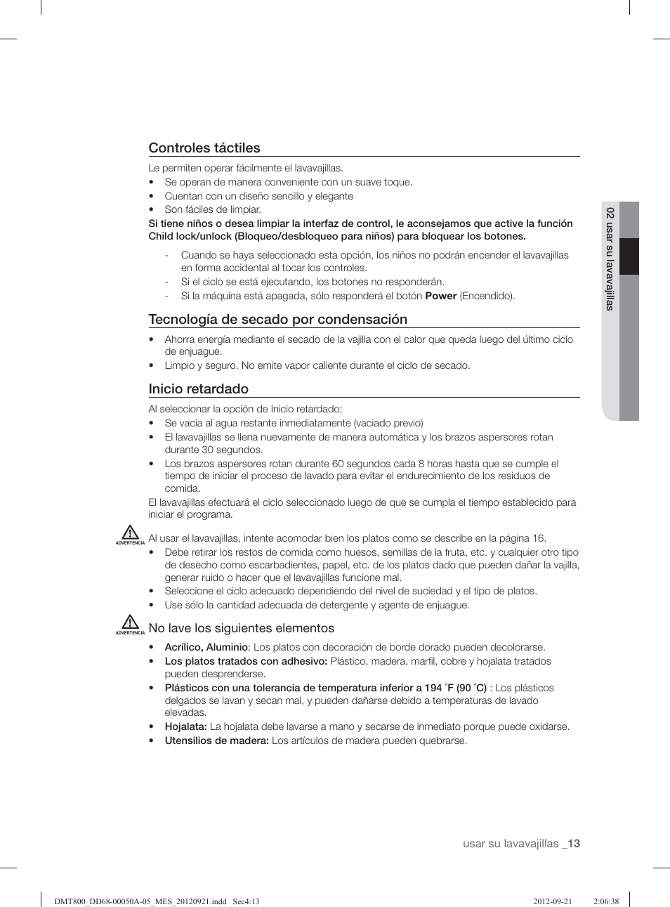 Controles táctiles, Tecnología de secado por condensación, Inicio retardado | Samsung DMT800RHB-XAA User Manual | Page 77 / 96