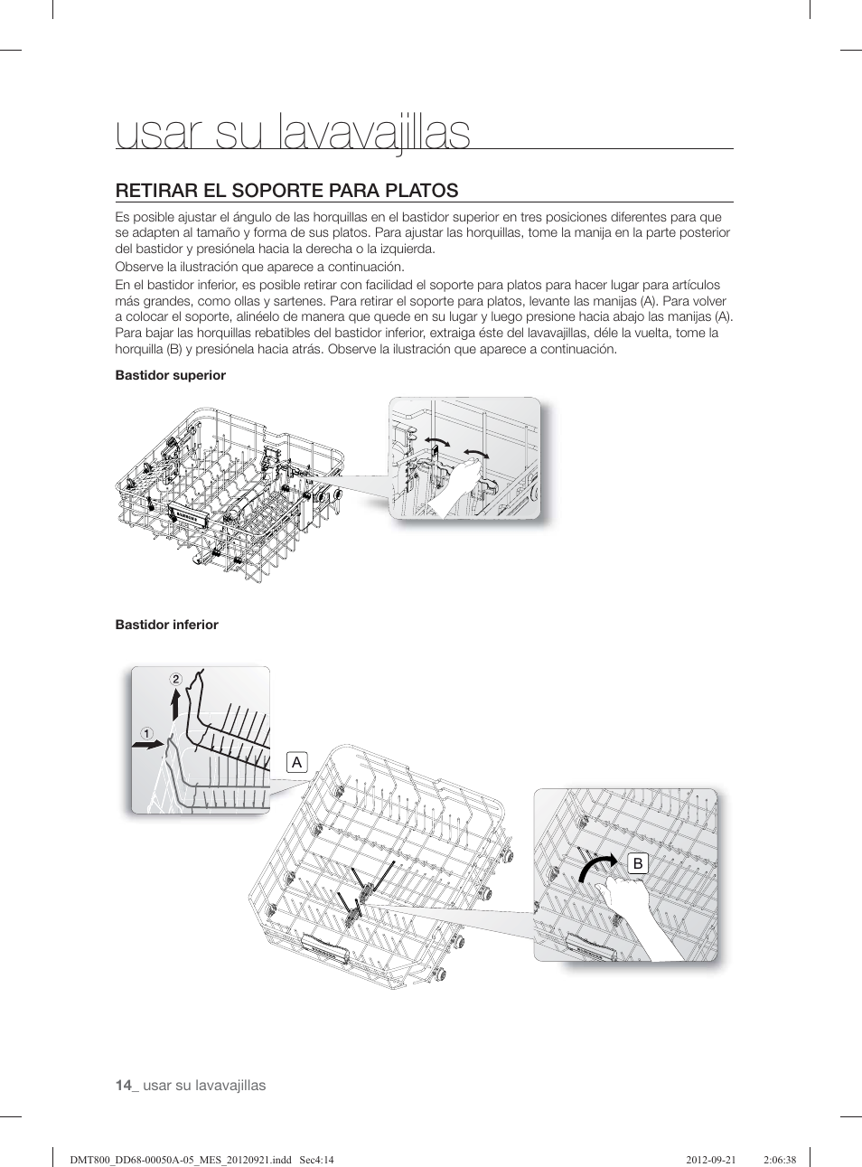 Usar su lavavajillas, Retirar el soporte para platos | Samsung DMT800RHB-XAA User Manual | Page 78 / 96