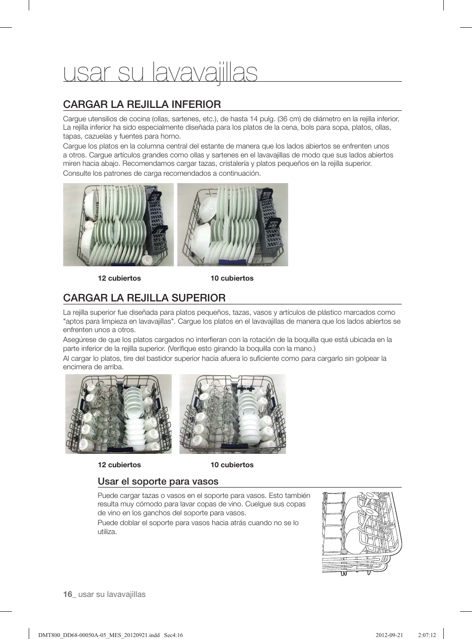 Usar su lavavajillas, Cargar la rejilla inferior, Cargar la rejilla superior | Samsung DMT800RHB-XAA User Manual | Page 80 / 96