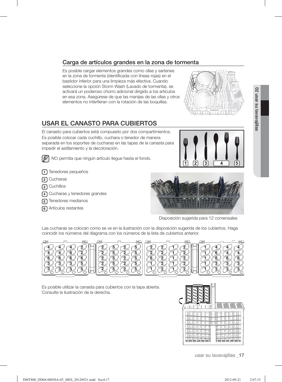 Usar el canasto para cubiertos, Carga de artículos grandes en la zona de tormenta | Samsung DMT800RHB-XAA User Manual | Page 81 / 96