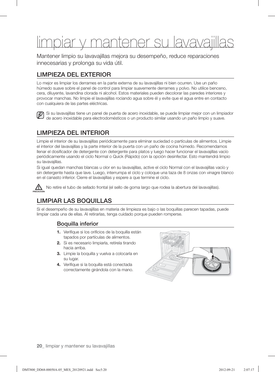 Limpiar y mantener su lavavajillas, Limpieza del exterior, Limpieza del interior | Limpiar las boquillas | Samsung DMT800RHB-XAA User Manual | Page 84 / 96
