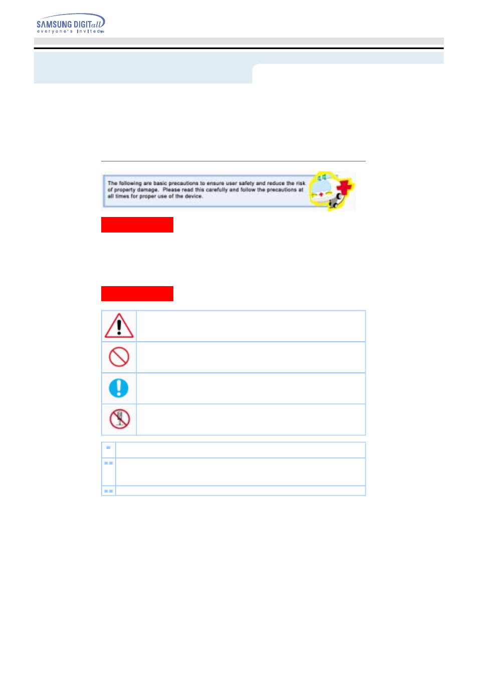 Safety precaution | Samsung SH-D162D-BEBP User Manual | Page 3 / 20