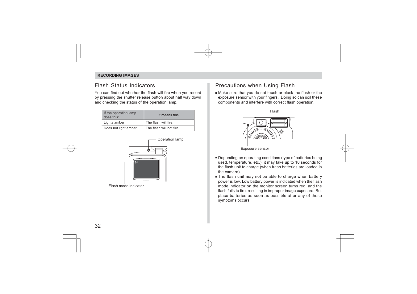 Flash status indicators, Precautions when using flash | Argus Camera RW-1 User Manual | Page 32 / 91