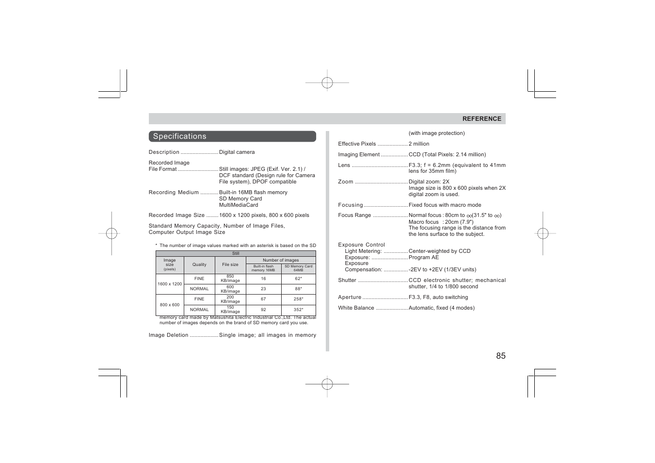 Specifications | Argus Camera RW-1 User Manual | Page 85 / 91