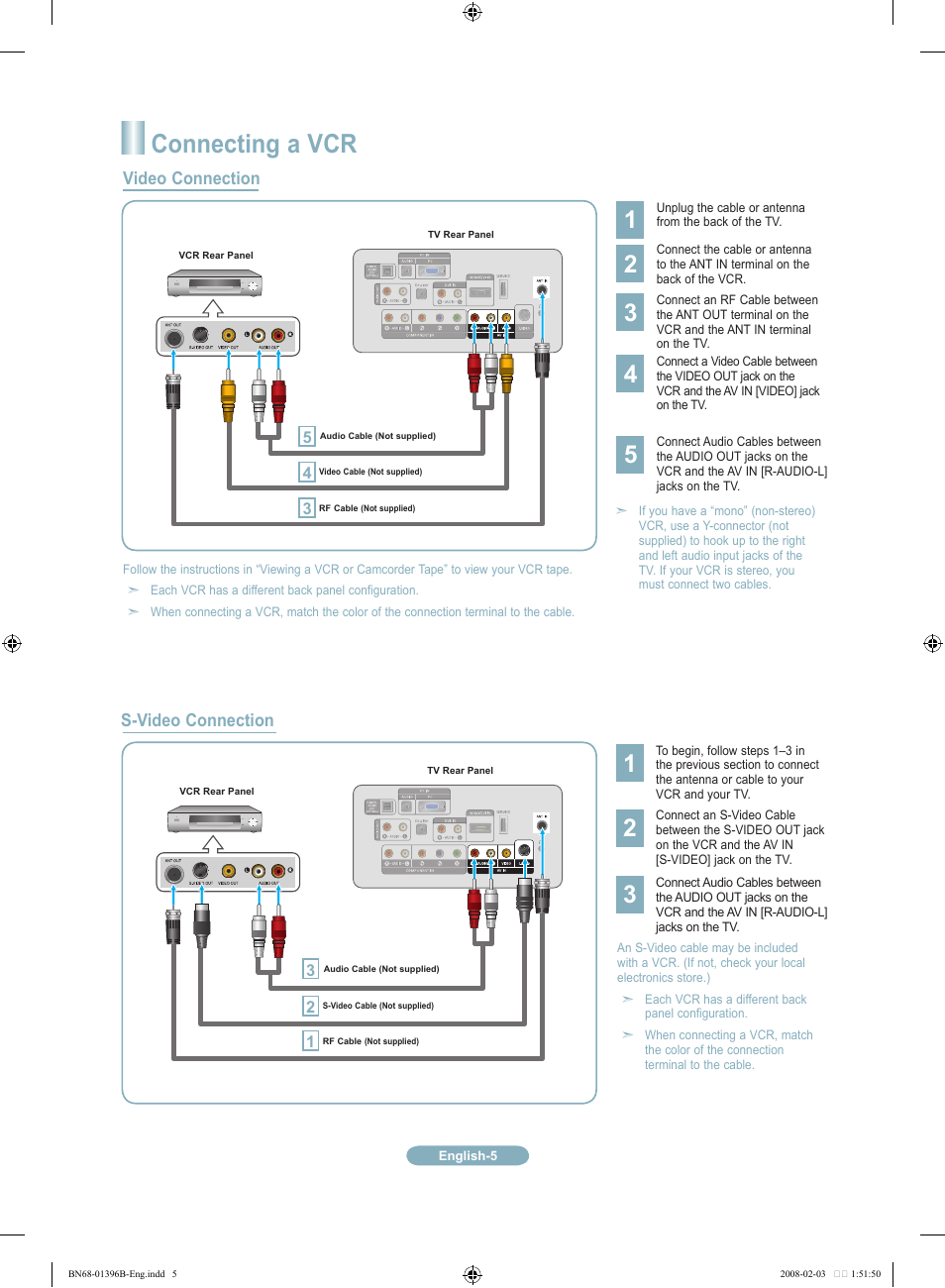 Connecting a vcr, Video connection s-video connection | Samsung LN22A451C1DXZA User Manual | Page 5 / 12