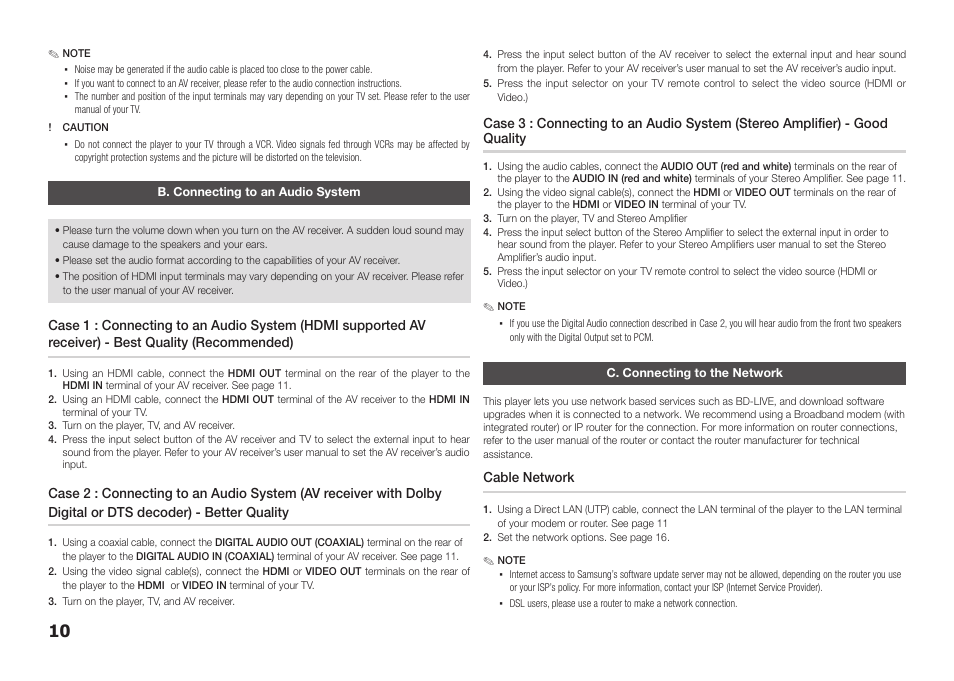 B. connecting to an audio system, C. connecting to the network, Cable network | Samsung BD-D5100-ZA User Manual | Page 10 / 32