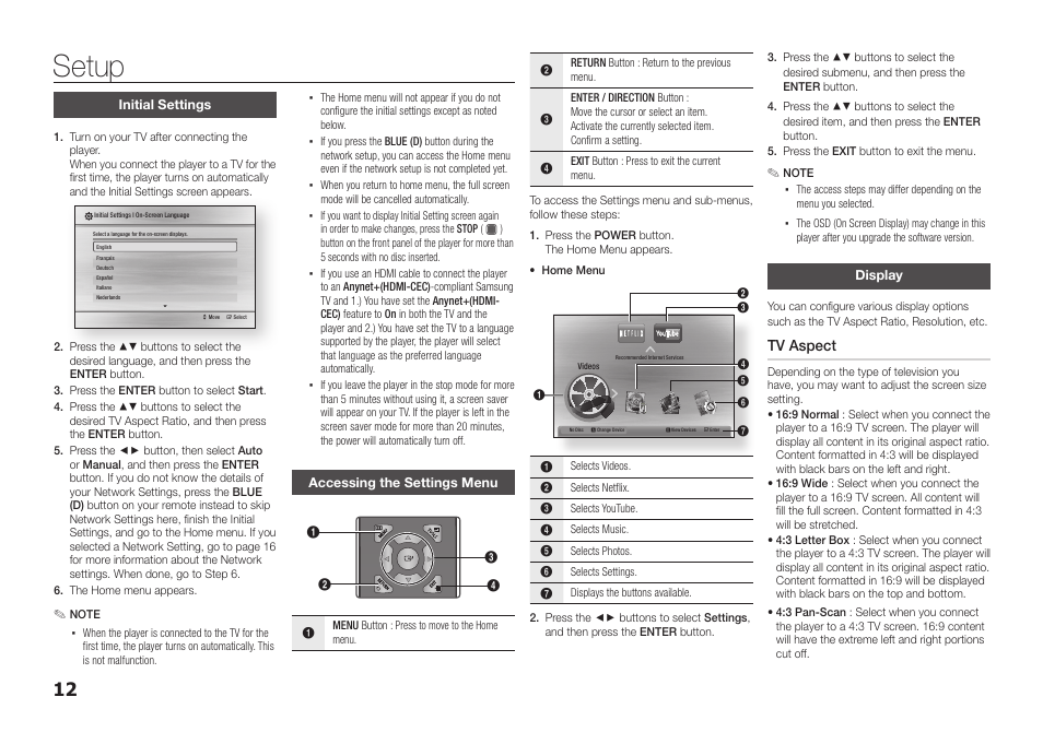 Setup, Initial settings, Accessing the settings menu | Display, Tv aspect | Samsung BD-D5100-ZA User Manual | Page 12 / 32