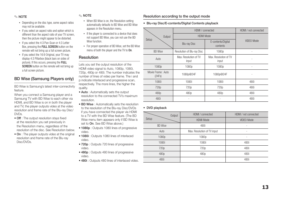 Bd wise (samsung players only), Resolution | Samsung BD-D5100-ZA User Manual | Page 13 / 32