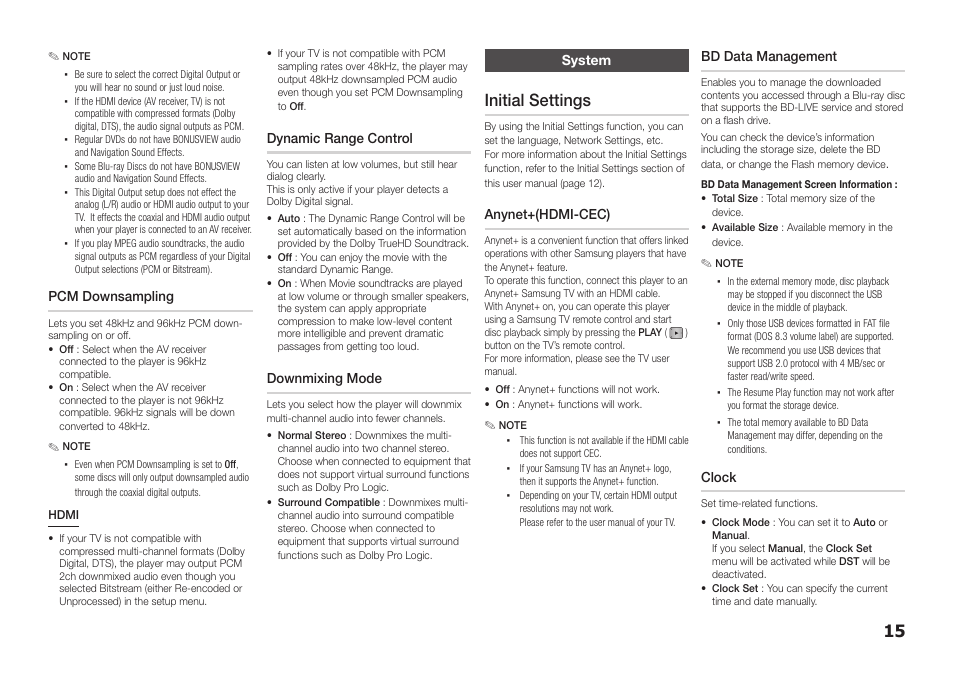 System, Initial settings, Pcm downsampling | Dynamic range control, Downmixing mode, Anynet+(hdmi-cec), Bd data management, Clock | Samsung BD-D5100-ZA User Manual | Page 15 / 32