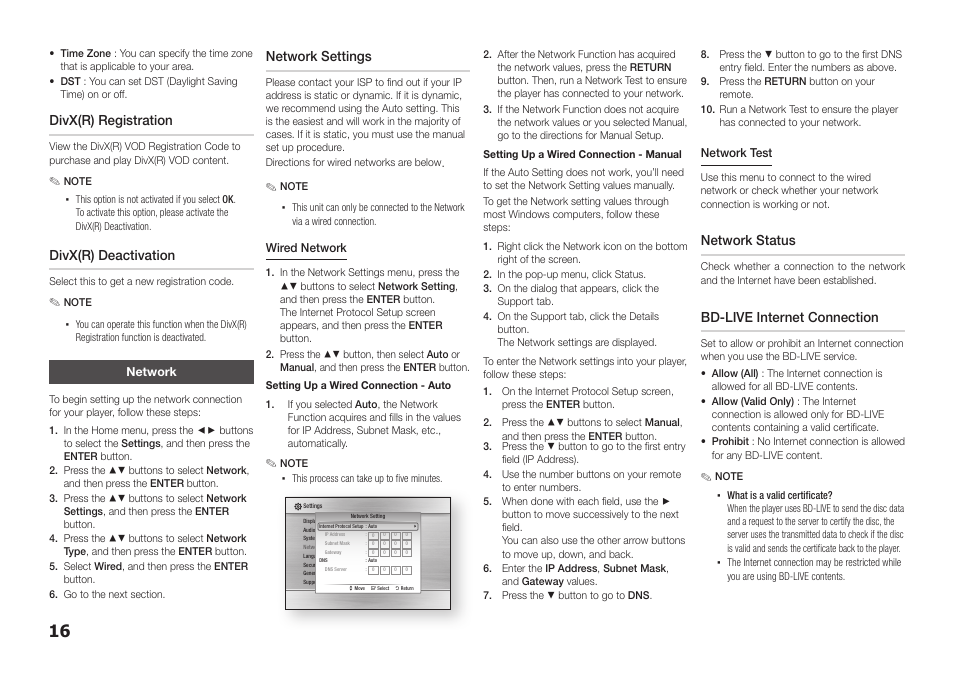 Network, Divx(r) registration, Divx(r) deactivation | Network settings, Network status, Bd-live internet connection | Samsung BD-D5100-ZA User Manual | Page 16 / 32
