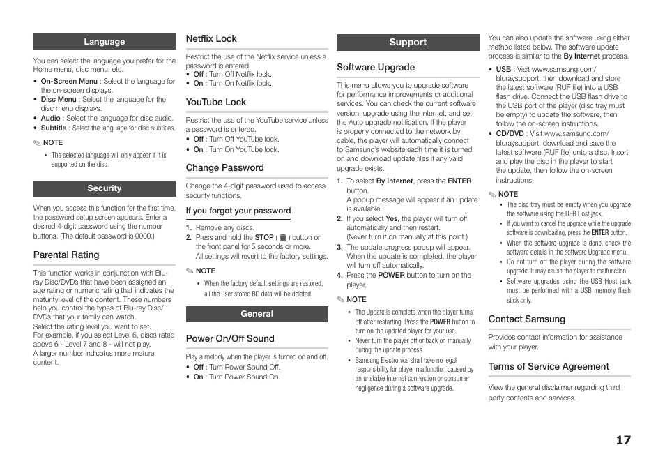 Language, Security, General | Support, Parental rating, Netflix lock, Youtube lock, Change password, Power on/off sound, Support software upgrade | Samsung BD-D5100-ZA User Manual | Page 17 / 32