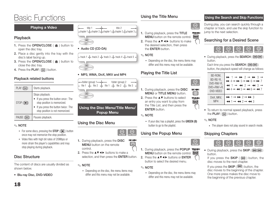 Basic functions, Playing a video, Using the disc menu/title menu/popup menu | Using the search and skip functions | Samsung BD-D5100-ZA User Manual | Page 18 / 32