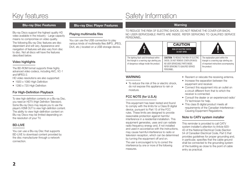 Key features, Blu-ray disc features, Blu-ray disc player features | Safety information, Warning, Key features safety information | Samsung BD-D5100-ZA User Manual | Page 2 / 32