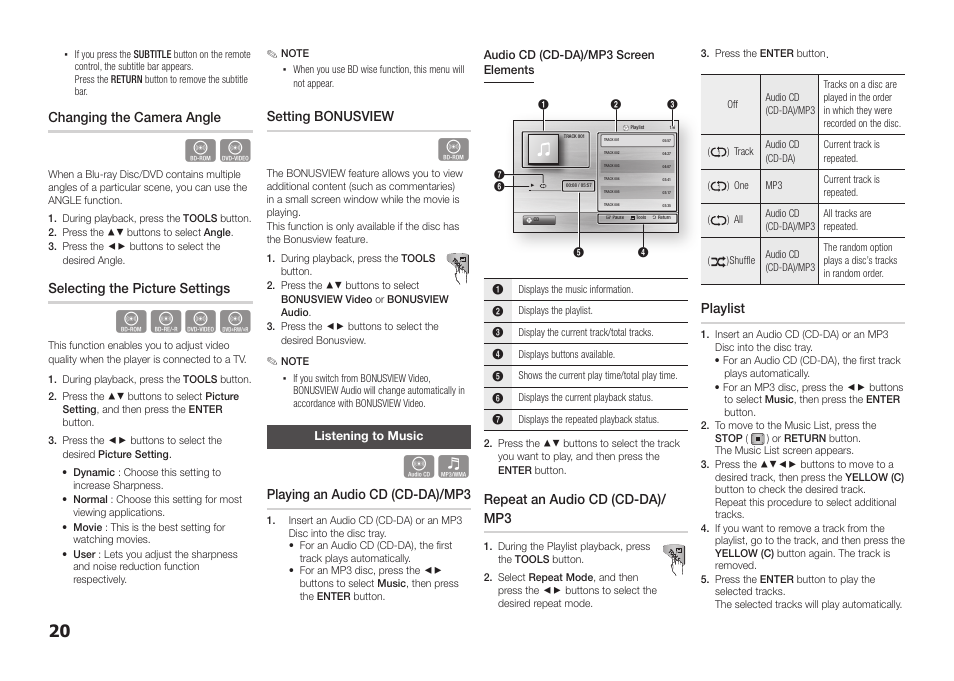 Listening to music, Changing the camera angle, Selecting the picture settings | Setting bonusview, Playing an audio cd (cd-da)/mp3, Repeat an audio cd (cd-da)/ mp3, Playlist | Samsung BD-D5100-ZA User Manual | Page 20 / 32