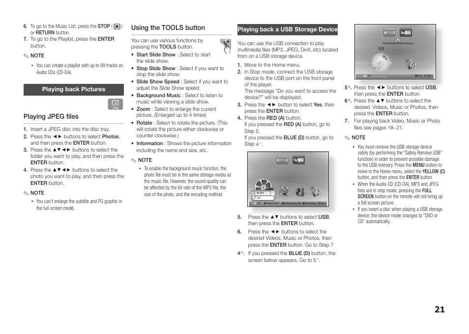 Playing back pictures, Playing back a usb storage device, Playing jpeg files | Using the tools button | Samsung BD-D5100-ZA User Manual | Page 21 / 32