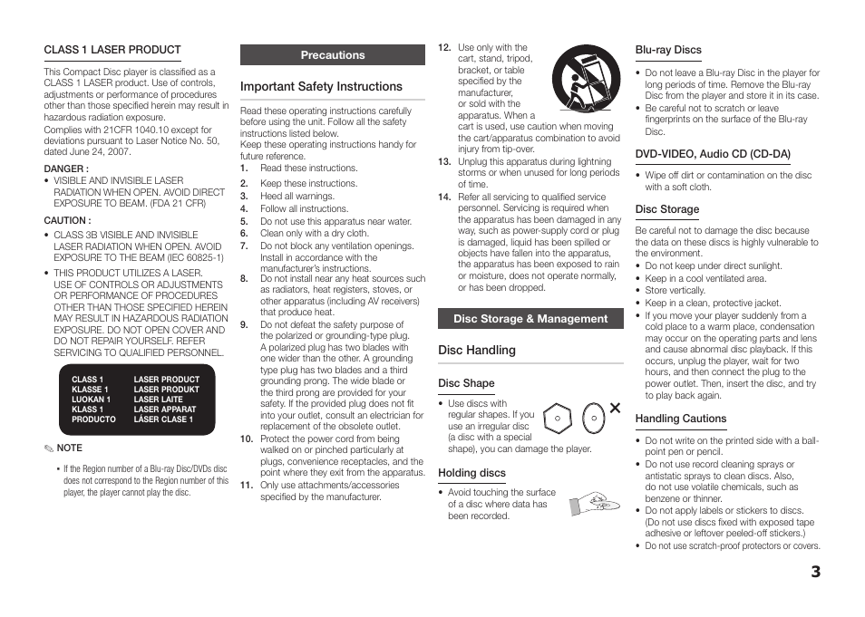 Precautions, Disc storage & management, Important safety instructions | Disc handling | Samsung BD-D5100-ZA User Manual | Page 3 / 32