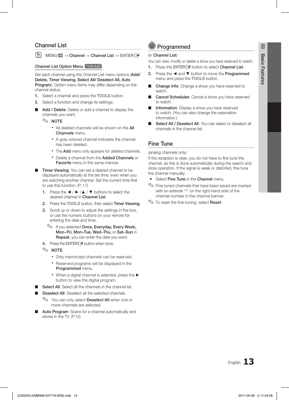 Channel list, Programmed, Fine tune | Samsung LN32D405E3DXZA User Manual | Page 13 / 34