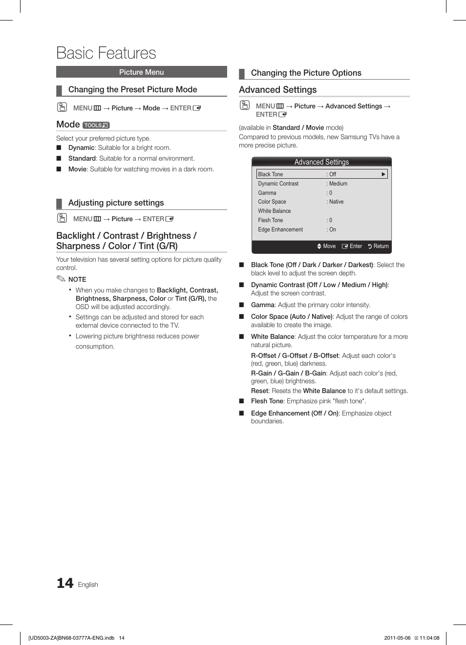 Basic features, Mode, Advanced settings | Samsung LN32D405E3DXZA User Manual | Page 14 / 34