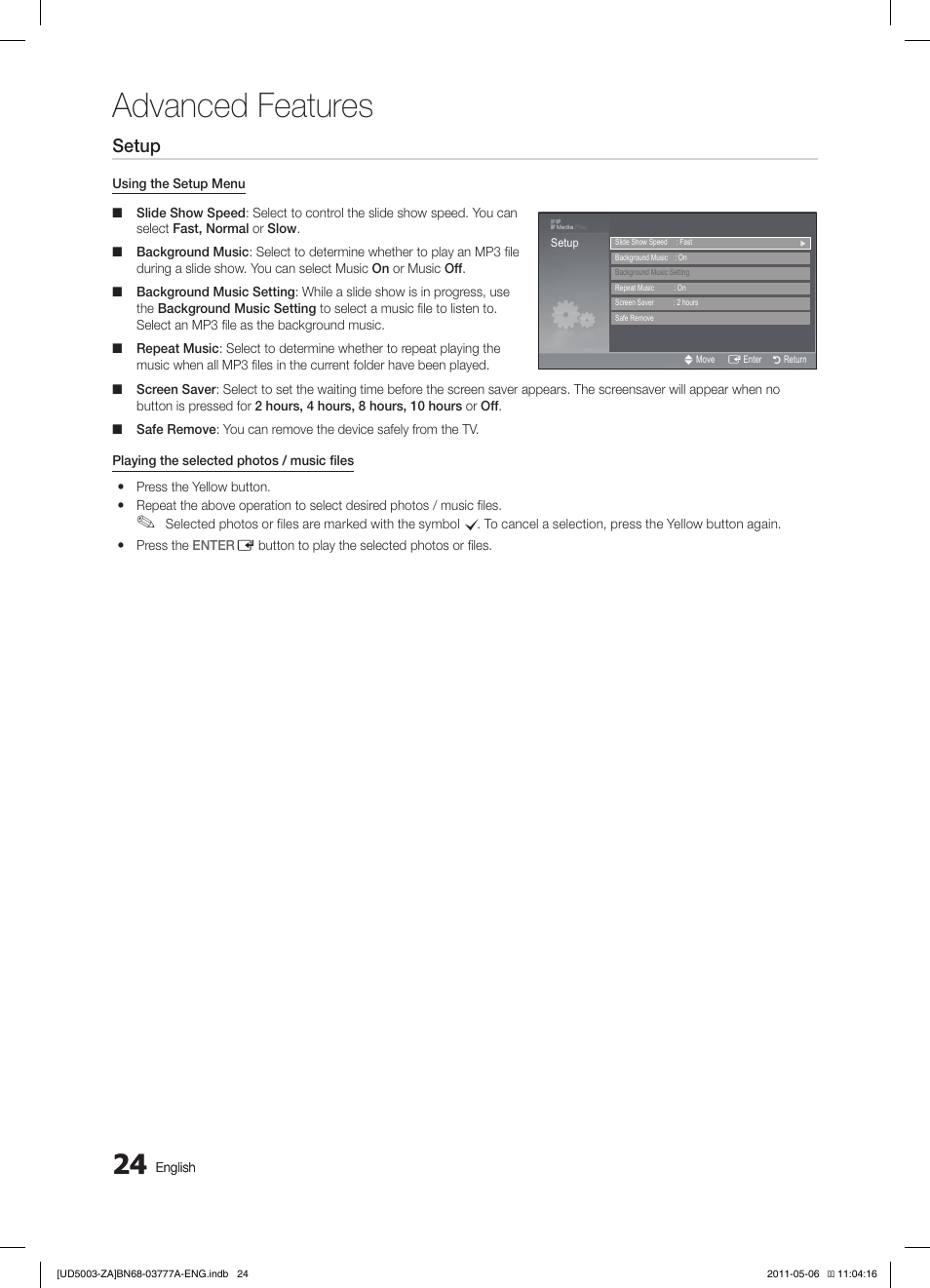 Advanced features, Setup, Photo | Music, English | Samsung LN32D405E3DXZA User Manual | Page 24 / 34