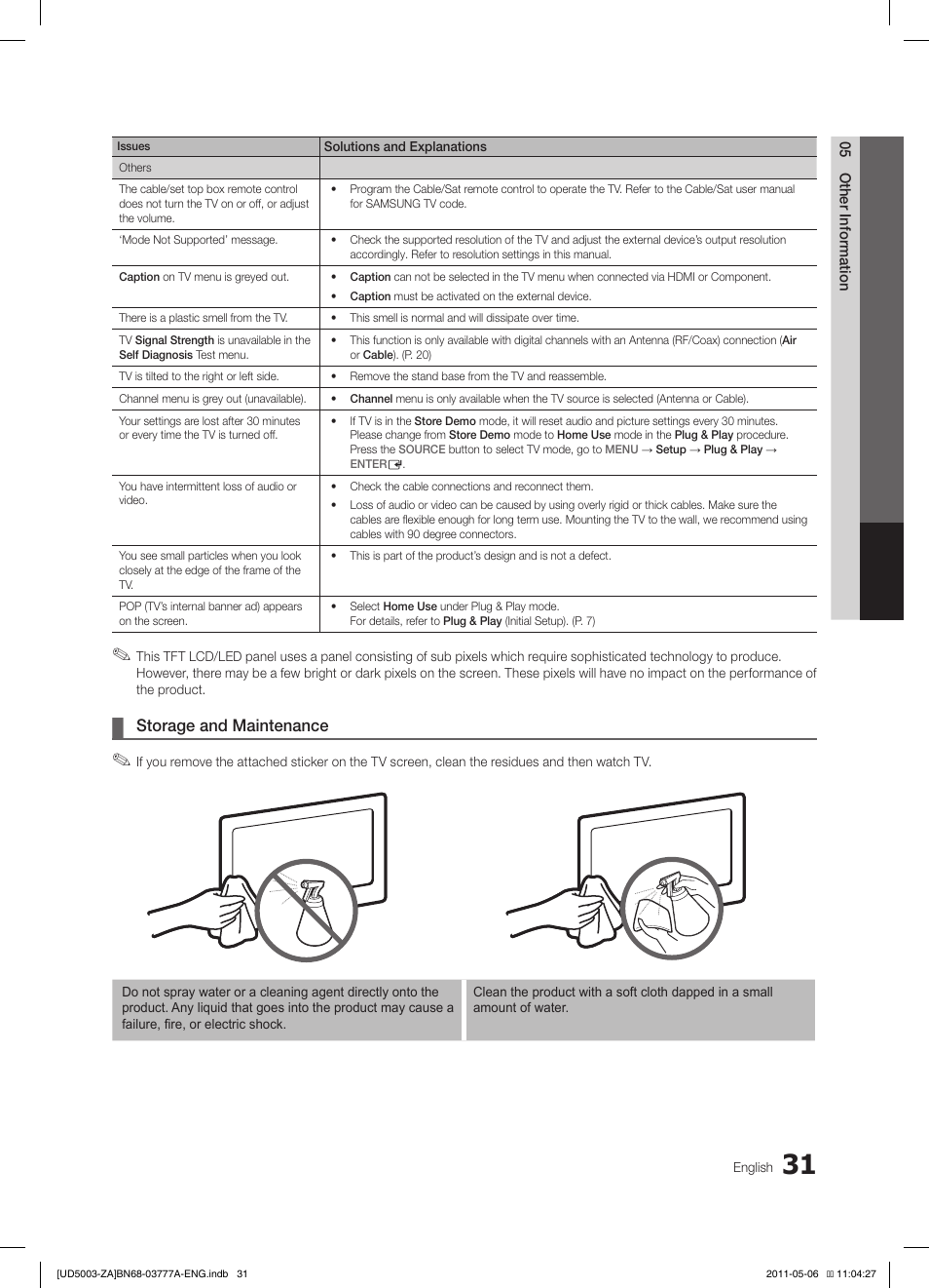 Storage and maintenance | Samsung LN32D405E3DXZA User Manual | Page 31 / 34