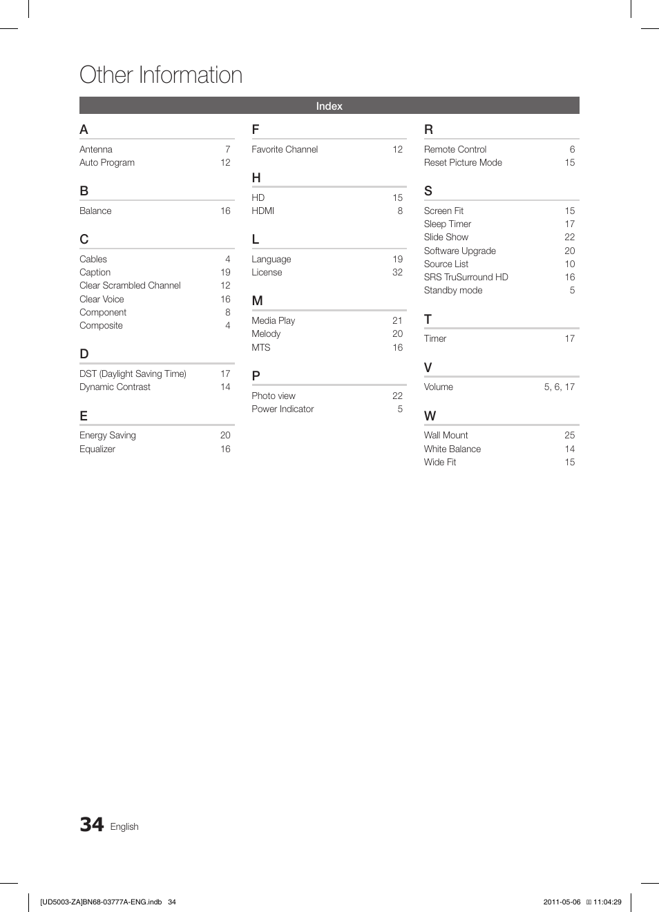 Other information | Samsung LN32D405E3DXZA User Manual | Page 34 / 34